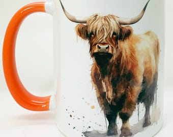 The Highland Cow Mug with Orange Glazed Handle and Inner