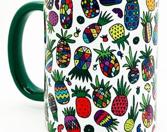 The Colourful Pineapples Mug with Green Glazed Inner and Handle