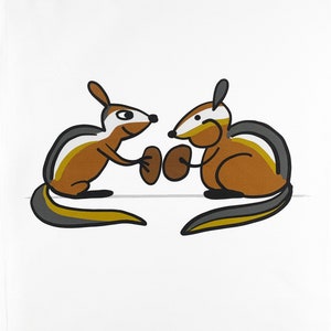 May include: Illustration of two cartoon chipmunks facing each other, each holding a brown object. The chipmunks have brown, white, and black markings. The background is white.