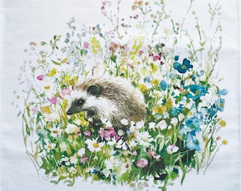 Hedgehog in amongst the flowers large cotton tea towel