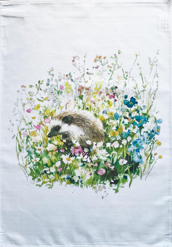 Hedgehog in amongst the flowers large cotton tea towel