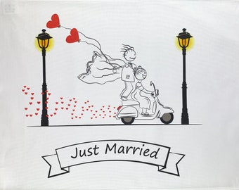 Just Married and off on a Moped together large cotton tea towel