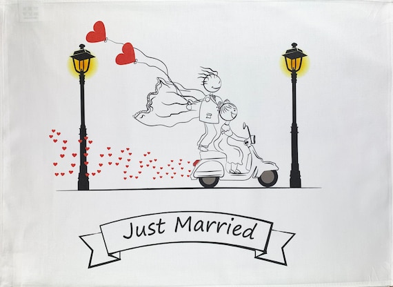 Just Married and off on a Moped together large cotton tea towel