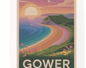 Gower Wales Scenic Tea Towel – 100% Cotton, White, 65 x 47 cm