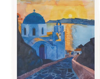 Santorini Sunset Tea Towel – 100% Cotton Greek Island Kitchen Cloth