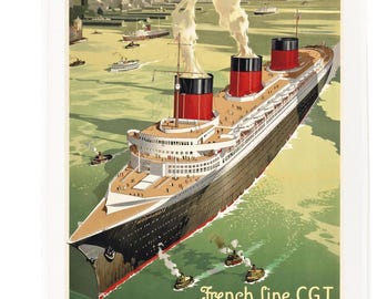 Vintage Ocean Liner Cotton Tea Towel – SS Normandie New York Travel Poster Design
