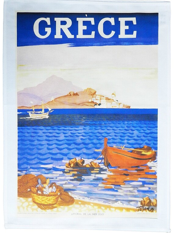 Greece , at leisure- Retro Style Travel Poster Large Cotton Tea Towel