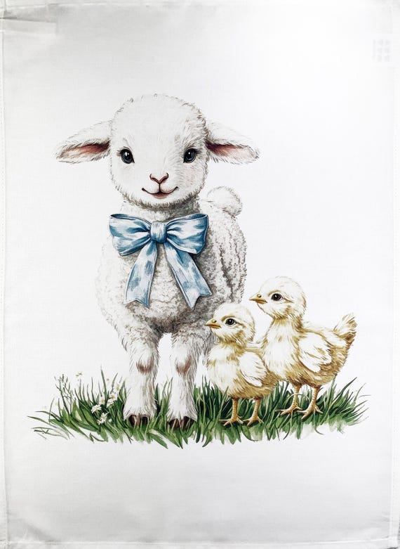Little Lamb and ducklings large cotton tea towel