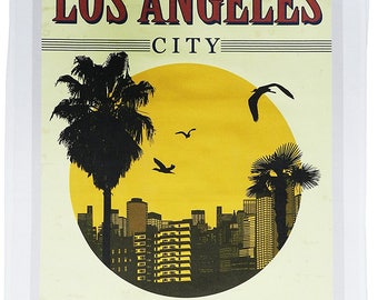 Los Angeles City, California - Retro Style Travel Poster Large Cotton Tea Towel