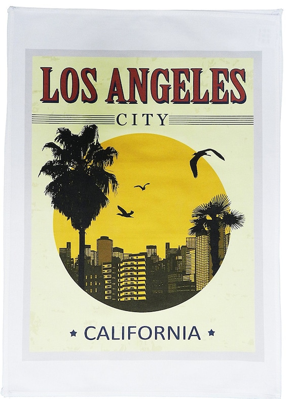 Los Angeles City, California - Retro Style Travel Poster Large Cotton Tea Towel