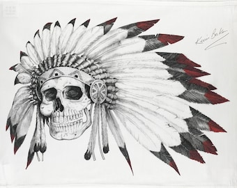 Chief of Skulls Hand Drawn Large Cotton Tea Towel