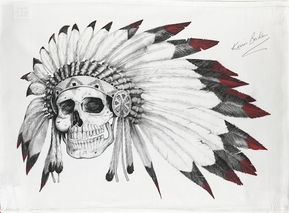 Chief of Skulls Hand Drawn Large Cotton Tea Towel