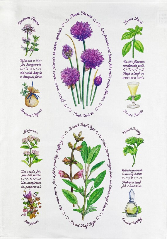 Herbs and Chives Guide Large Cotton Tea Towel