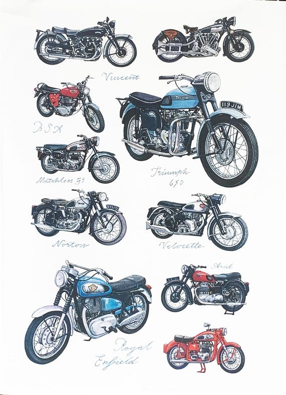 Classic Motorbikes Large Cotton Tea Towel