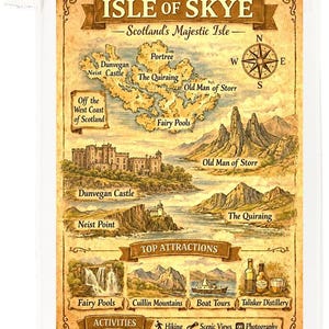 May include: A rectangular tea towel featuring a vintage-style illustrated map of the Isle of Skye, Scotland. The design includes landmarks like Dunvegan Castle, Old Man of Storr, and the Quiraing, with text labels, a compass rose, and a section for top attractions.