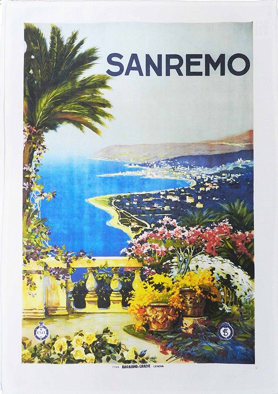 San Remo - Vintage Style Travel Poster Large Cotton Tea Towel