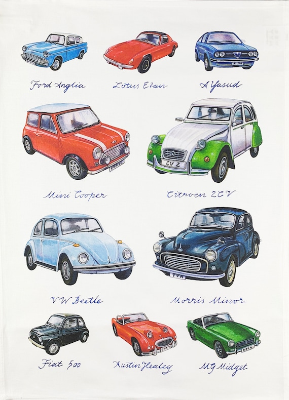 Hand-Drawn Classic Small Cars Cotton Tea Towel