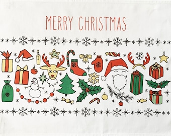 Merry Christmas Large Cotton Traditional Christmas Tea Towel