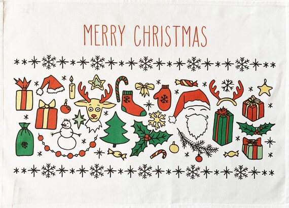 Merry Christmas Large Cotton Traditional Christmas Tea Towel