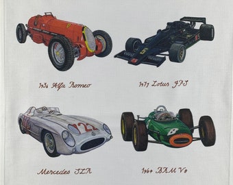 Hand drawn Racing Cars Large Cotton Tea Towel