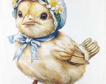 Easter Chick in a bonnet large cotton tea towel