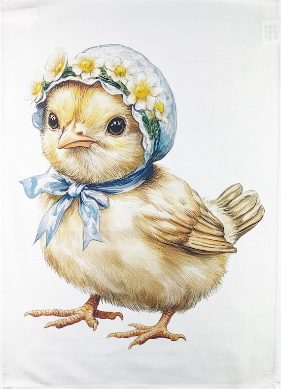 Easter Chick in a bonnet large cotton tea towel