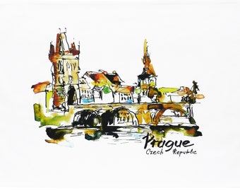 Prague (Watercolour Sketch) -  Large Cotton Tea Towel