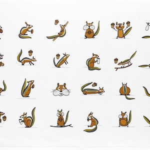 May include: A collection of cartoon squirrels in various poses, each with a brown and white body and a long tail. Some squirrels hold acorns, while others are on branches or carrying items. The illustrations are set against a white background.