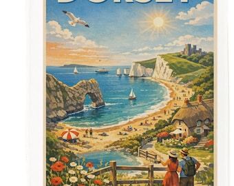 Dorset vintage‑style travel poster cotton tea towel