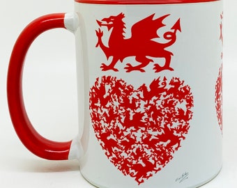 Love The Welsh Dragon Mug with red Glazed Handle and Inner