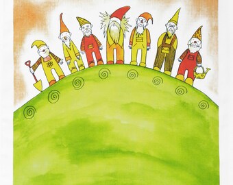 Hi Hoe - Seven Garden Gnomes are off to work - Large Cotton Tea Towel