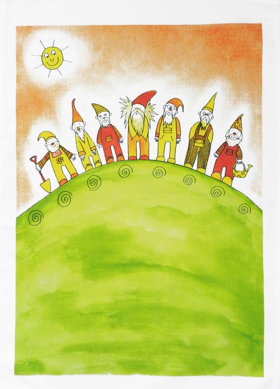 Hi Hoe - Seven Garden Gnomes are off to work - Large Cotton Tea Towel