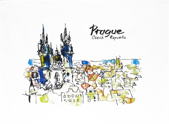 Prague (Watercolour Sketch) -  Large Cotton Tea Towel
