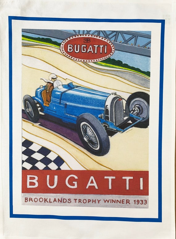 Brooklands Winner 1933- Bugatti Vintage Style Large Cotton Tea Towel