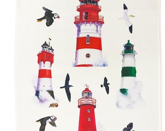 100% Cotton Tea Towel with Lighthouse and Puffin Design, White, 47cm x 65cm