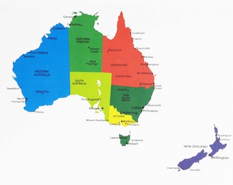 Colourful Map of Australia of New Zealand showing the main cities - Large Cotton Tea Towel