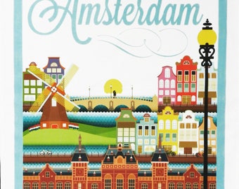 Hello Amsterdam Vintage Style Travel Poster - Large Cotton Tea Towel
