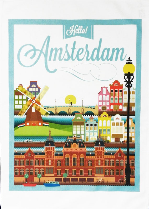 Hello Amsterdam Vintage Style Travel Poster - Large Cotton Tea Towel