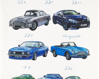 Hand Drawn Aston Martin Cars Large Cotton Tea Towel