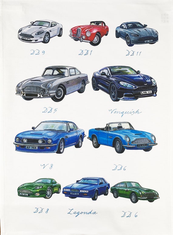 Hand Drawn Aston Martin Cars Large Cotton Tea Towel