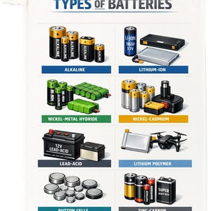 May include: A white educational poster titled TYPES OF BATTERIES featuring illustrations of various battery chemistries including alkaline, lithium-ion, nickel-metal hydride, nickel-cadmium, lead-acid, lithium polymer, button cells, and zinc-carbon batteries.
