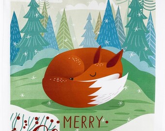 The Sleeping Christmas Fox Large Cotton Tea Towel