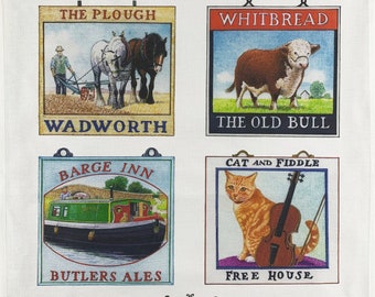 Hand Drawn British Country Pubs Signs Large Cotton Tea Towel