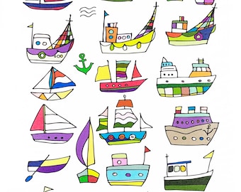 The Colourful Armada of Boats Large Cotton Tea Towel from Half a Donkey