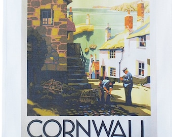 Cornwall Fishing Village - Retro Style Travel Poster Large Cotton Tea Towel