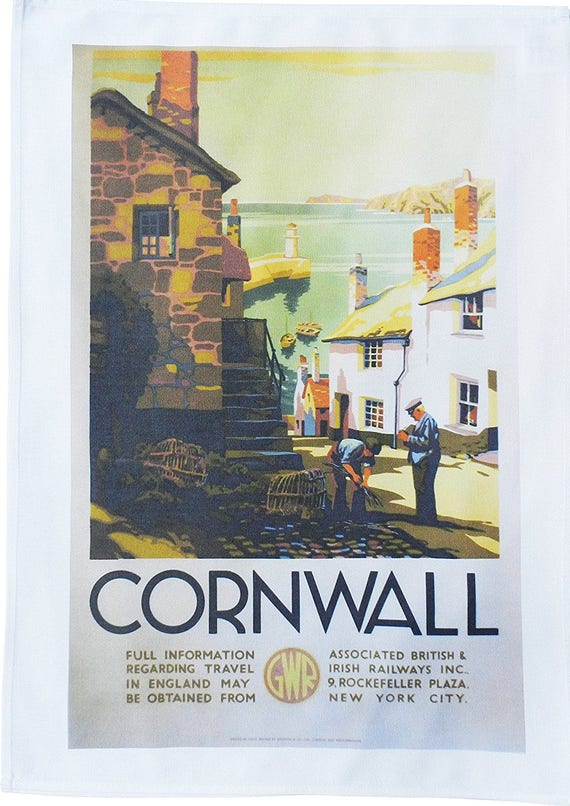 Cornwall Fishing Village - Retro Style Travel Poster Large Cotton Tea Towel