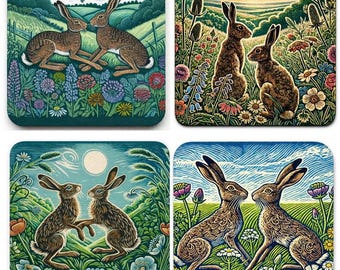 Courting Hares Drink Coasters, Cork, Square, 9.5 x 9.5 Centimetres, Set of 4, Printed Finish