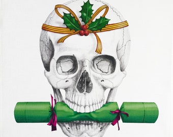From the Skullery. Festive Skull with christmas cracker Large Cotton Tea Towel