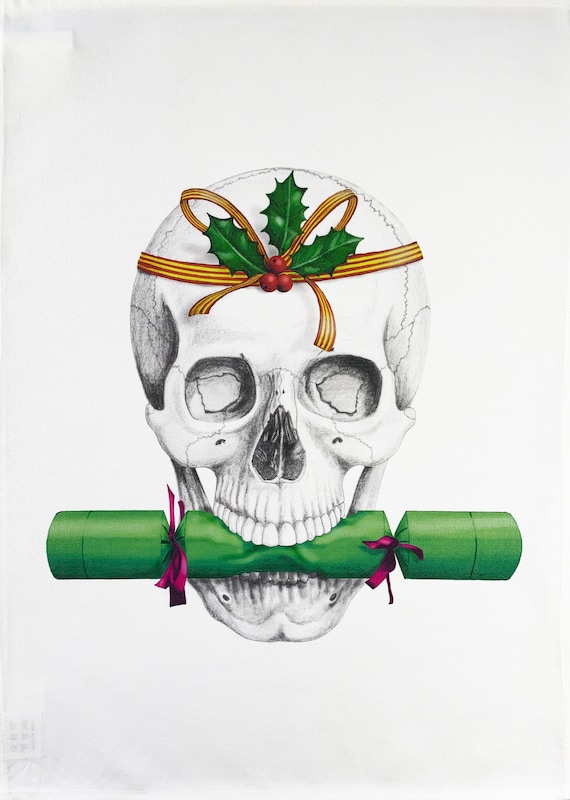 From the Skullery. Festive Skull with christmas cracker Large Cotton Tea Towel