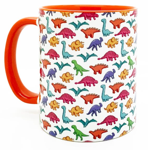 The Colourful Dinosaur Mug with Orange Inner and Handle